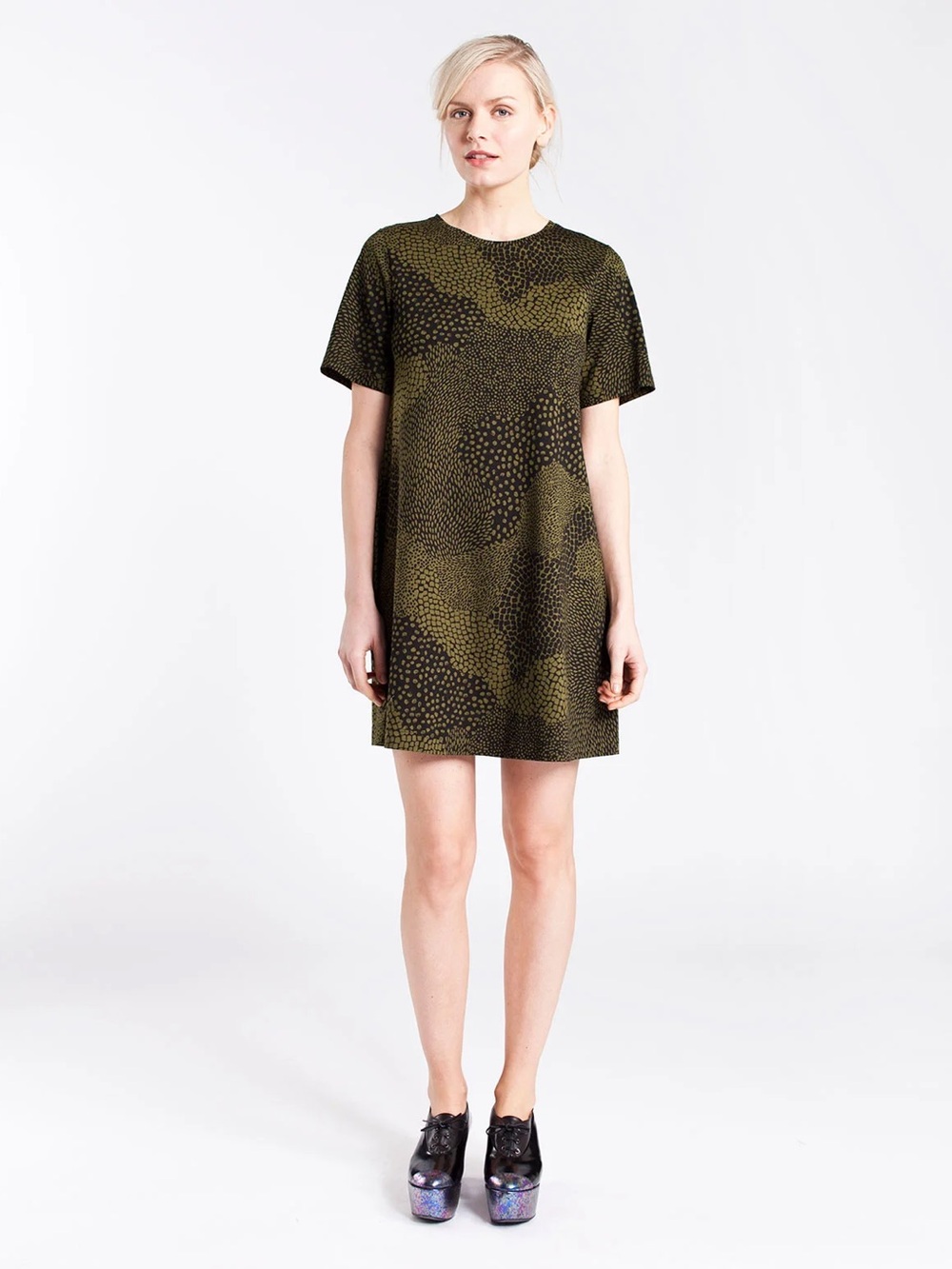 Marimekko Suna Olive Green and Black Mini Dress S